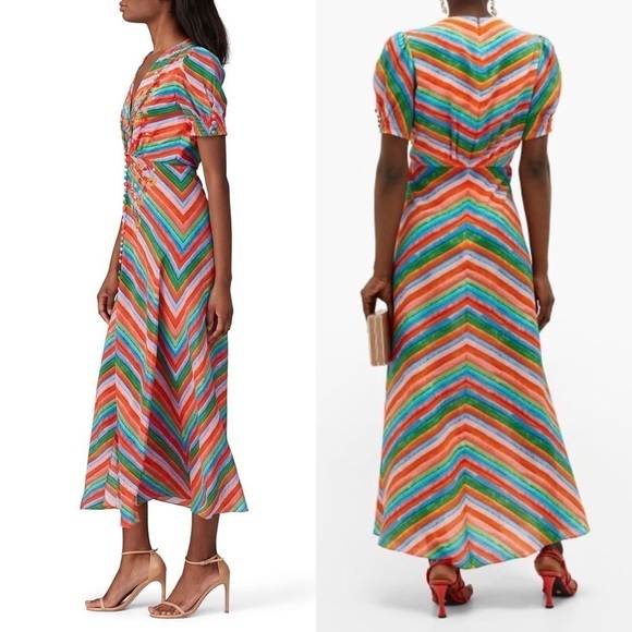 SALONI Silk Rainbow Floral Stripe‎ Puffed Short Sleeve Button Front Midi Dress 4 - Picture 8 of 16